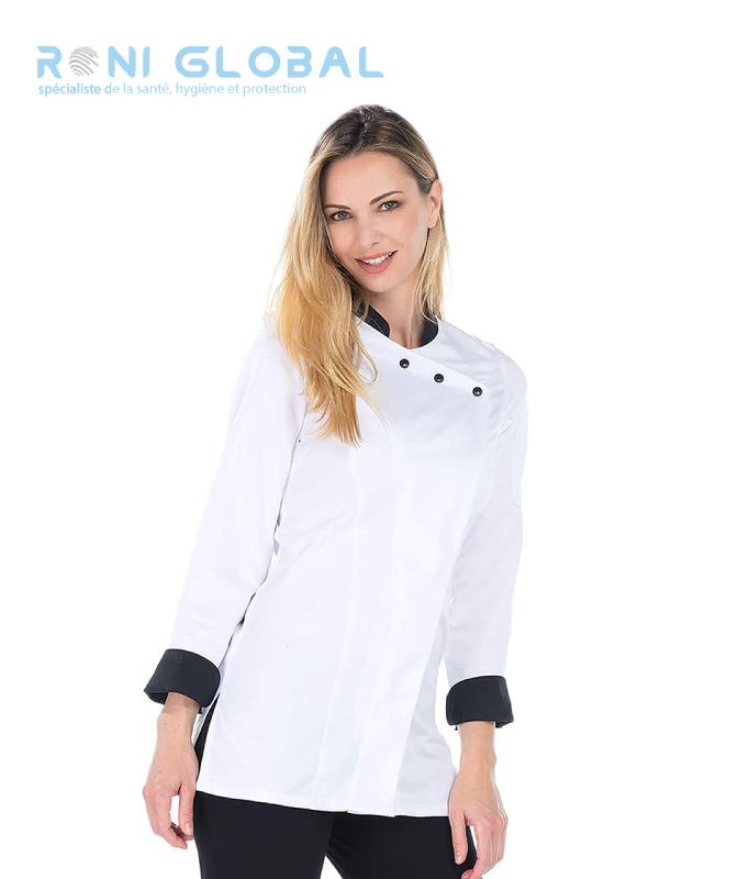 VESTE DE CUISINE BLANCHE FEMME MANCHES LONGUES EN COTON ET POLYESTER 2 POCHES - JULIENNE REMI CONFECTION_0