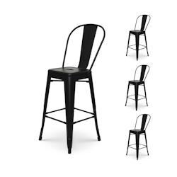 KOSMI - Lot de 4 tabourets de bar en métal noir mat style industriel - Avec dossier haut - Hauteur 66cm - noir métal 3760301696827_0