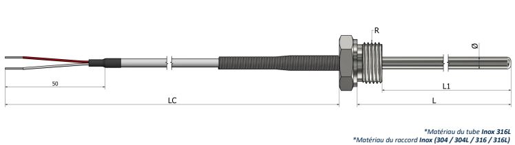 Thermistance à visser Raccord fixe avec câble de prolongation - HR10_0