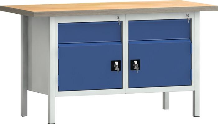 Établi PW 700 l.1500xP700xH840 mm hêtre Multiplex gris clair, RAL 7035 bleu gentiane, RAL 5010 2 tir. 2 portes KLW-LUTZ BETRIEBSEINRICHTUNGEN_0