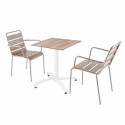 Oviala Business Ensemble table terrasse stratifié chêne foncé avec 2 fauteuils taupe - gris métal 110732_0