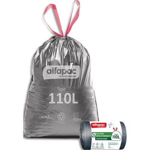 Alfapac boîte de 180 sacs à lien coulissant recyclé type 110l résistant coloris argent/noir_0