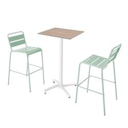 Oviala Business Ensemble table haute chêne stratifié naturel et 2 chaises vert sauge - vert métal 110554_0