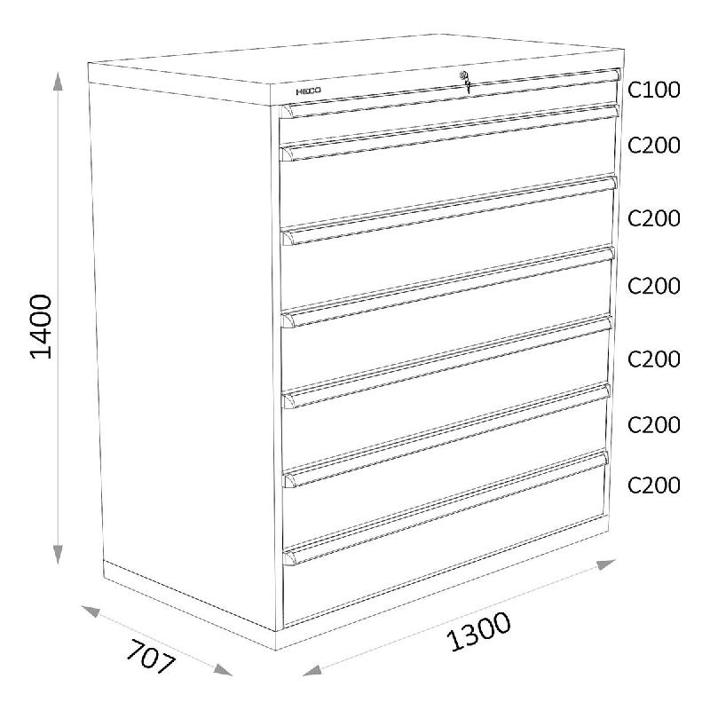 Armoires a tiroirs bleus serie 143 - Largeur 1300 mm Profondeur 707 mm Hauteur 700 / 1000 / 1300 mm Heco HE143431_0