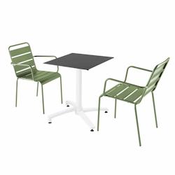Oviala Business Ensemble table de terrasse stratifié noir et 2 fauteuils vert cactus - vert métal 110766_0