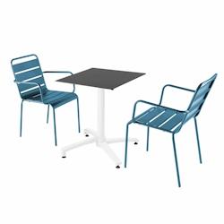 Oviala Business Ensemble table de terrasse stratifié noir et 2 fauteuils bleu pacific - Oviala - bleu métal 110767_0