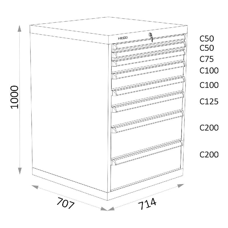 Armoires A Tiroirs Serie 115 - Largeur 714 mm Profondeur 707 mm Hauteur 700 / 1000 / 1300 mm Heco HE115224BL_0
