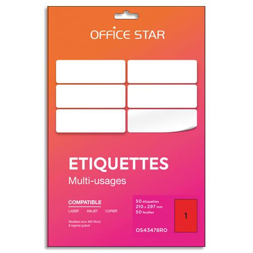 Office star boîte 50 étiquettes adhésives multiusage format a4 210x297mm. Planche a4. Coloris rouge_0
