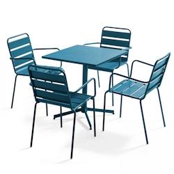 Oviala Business Ensemble table de jardin et 4 fauteuils en métal bleu pacific - Oviala - bleu acier 106015_0