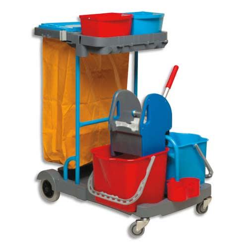 Brosserie thomas chariot d'entretien compact gris en pp + presse à mâchoires + 2 seaux 22l rouge bleu_0