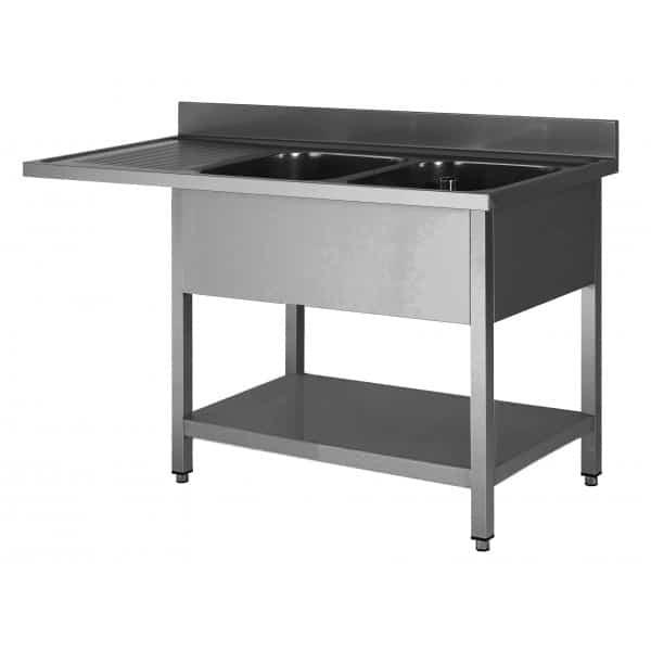 Plonge soudée sur pieds carré pour lave-vaisselle, avec étagère, inox AISI 304, 1 bac, longueur 1200 mm (Position bac: Droite - Réf SPLV127-1BD-ETP-1)_0