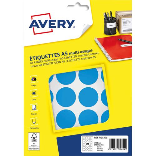 Avery sachet de 240 pastilles ø30 mm. Imprimables. Coloris bleu_0
