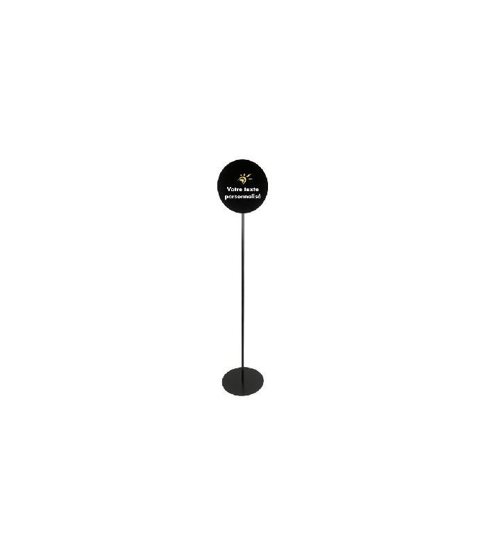 Signalétique métal couleur noir sur pied avec rond personnalisé diamètre 30 cm - Référence : LSTF300N-PERSO_0