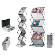 Porte-brochure pliant zig-zag alu-plexi, 6 case + valise transport rangement