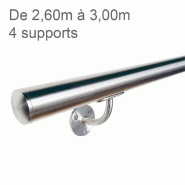 Main courante inox murale - inox brossé - longueur de 2,60m à 3,00m - 4 supports