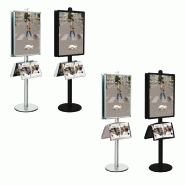 Présentoir double face Visual-Displays® GRIS 2 cadres 60 x 80 et 2 étagères METAL GRIS - Réf : 214607M - Cadres 60 x 80 cm avec protecteur métal antireflets et étagères inclinées