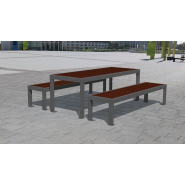 Table et 2 bancs haute qualitéen acier inoxydable et bois exotique - Référence MUB13