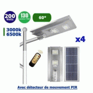 Pack de 4x solaires - luminaire led pour candélabre / lampe de rue et parking - série street - 200 watts - 26 000 lumens - 130 lumens/watt - angle 60° - ip66 - détecteur de mouvement pir - capteur de lumière - télécommande