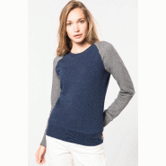 Sweat-shirt French Terry Bio bicolore col rond manches raglan femme -  Réf: K492