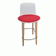 Tabouret de restaurant Lottus Wood d'occasion - structure en chêne, assise tapissée rouge et bordeaux - design moderne