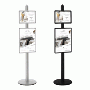 Meuble Présentoir Visual-Displays® GRIS ALU avec 1 cadre A3 et 1 cadre A2 - Réf : 214604 - Piètement Ø 7 cm x H 190 cm - Socle Ø 45 cm