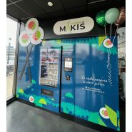 Distributeur automatique connecté de sushi pour la vente de barquettes et de plateaux de sushis 24/7 avec option click